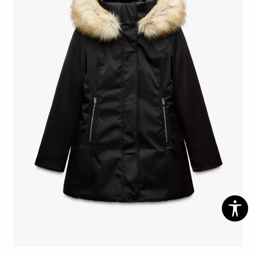 Zara Black Puffer Coat with Fur Trim